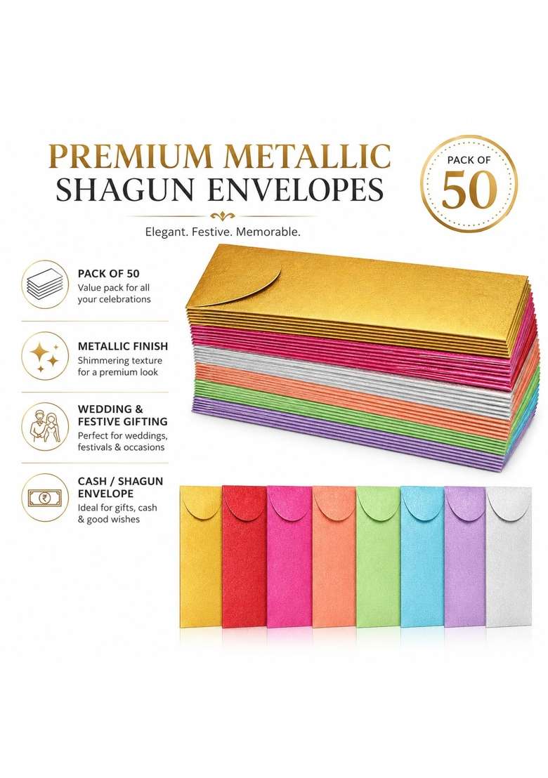 Eclet Rectangle Shape Metallic Paper Shagun Envelopes for Gifting Cash Sagan Lifafa Wedding Occasion Pack of 50 - Indya