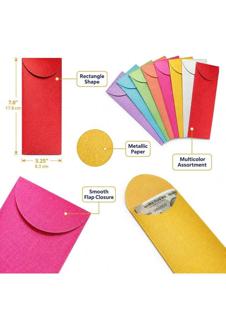 Eclet Rectangle Shape Metallic Paper Shagun Envelopes for Gifting Cash Sagan Lifafa Wedding Occasion Pack of 50 - Indya