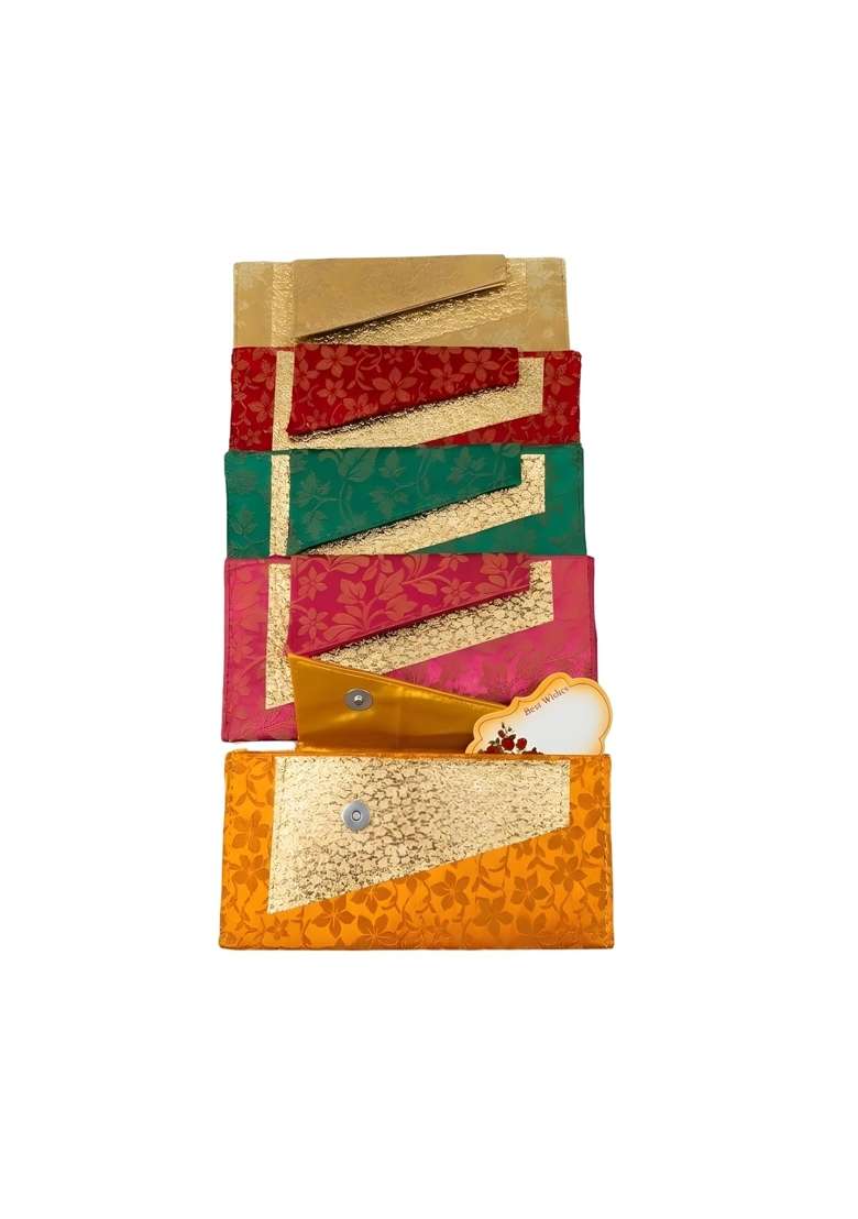 Nayashi Ethnic Brocade Silk Shagun Envelopes Gold Highlight Wedding Money Gift Covers with Best Set of 5 - Indya