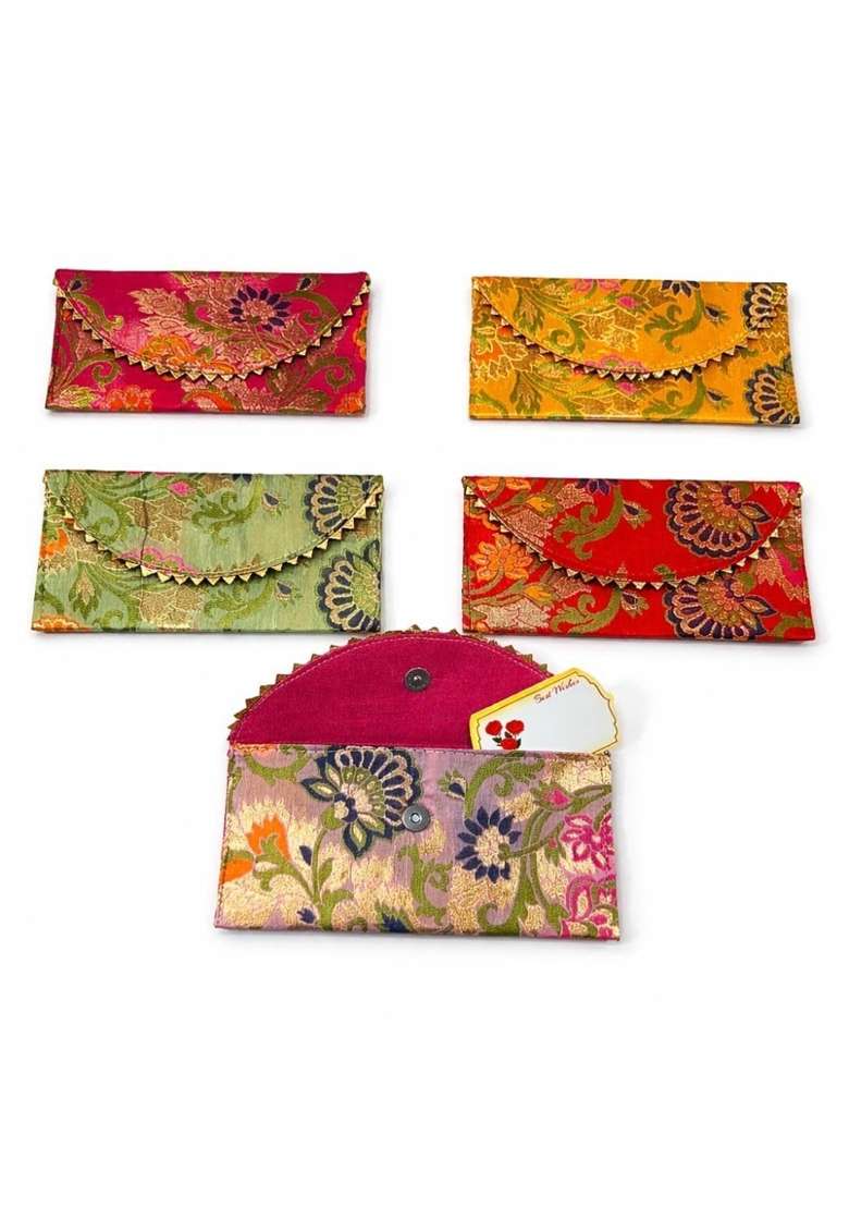 Nayashi Multicolor Ethnic Silk Brocade Shagun Envelopes for Money Gift Set of 10 - Indya
