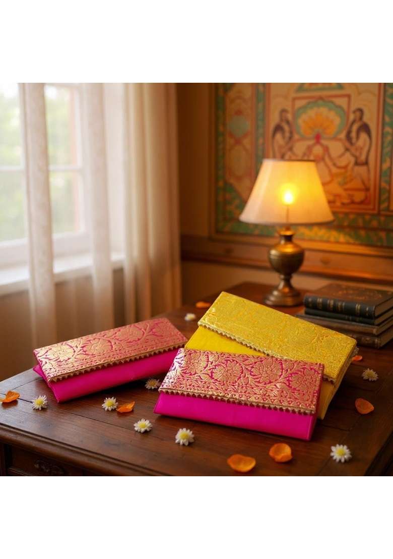 VS Club 10 Pack Banarasi Fabric Yellow Red Pink Shagun Envelopes for Gifting Money - Indya