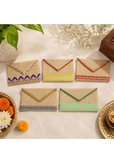 Saras Aajeevika 5 Pc Handcrafted Jute Shagun Envelopes 7 X 3 and Half Inch