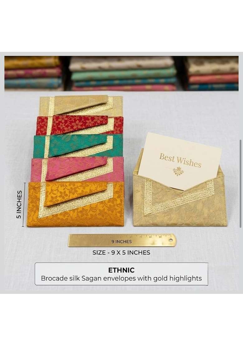 Meharvana Ethnic Brocade Silk Shagun Envelopes Gold Highlight Wedding Money Gift Covers with Best Set of 5 - Indya