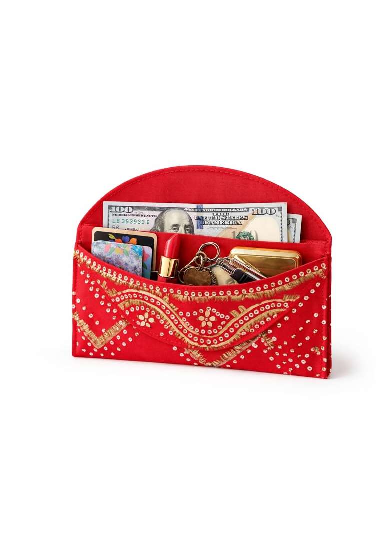 Red Silk Money Cover Hand Painted and Embellished Cash Envelope for Weddings Shagun and Gifting - Indya