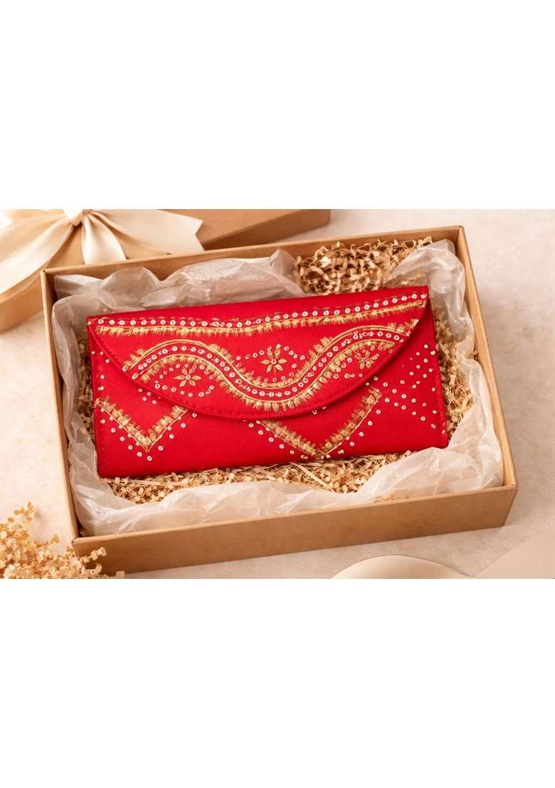 Red Silk Money Cover Hand Painted and Embellished Cash Envelope for Weddings Shagun and Gifting - Indya