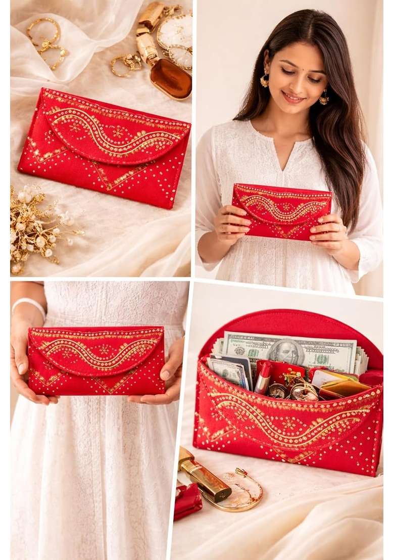 Red Silk Money Cover Hand Painted and Embellished Cash Envelope for Weddings Shagun and Gifting - Indya