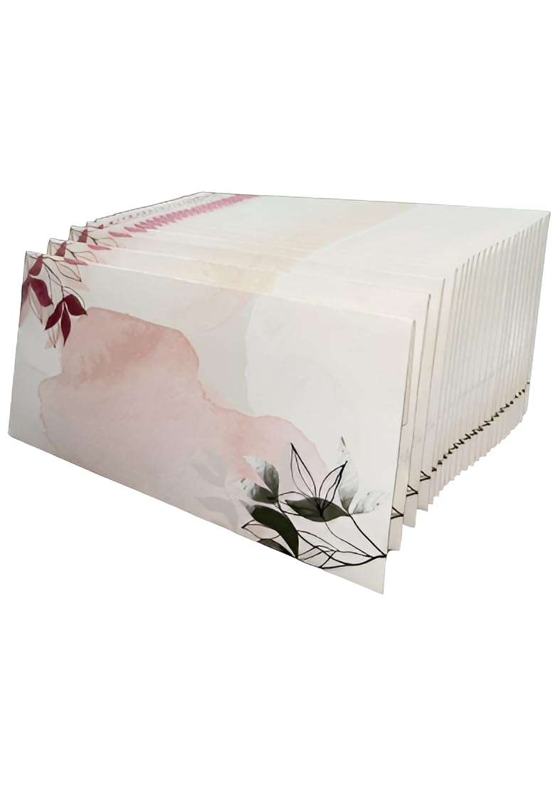 Blessings Money Gifting Envelopes Pink and Green Leaves Design White Colour Set of 100 - Indya