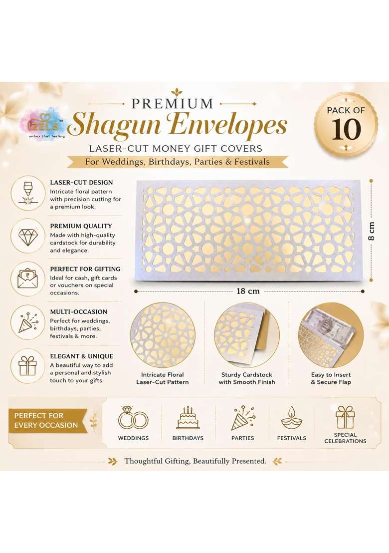 Izels Premium Shagun Envelopes Lifafa Laser Cut Money Gift Covers for Weddings Birthdays Pack of 30 - Indya