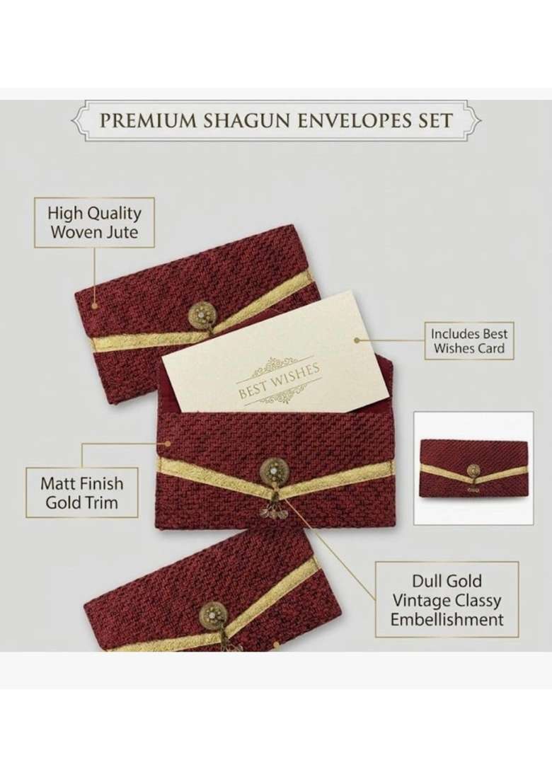 Meharvana Premium Jute Texture Shagun Envelopes 9 X 5 Inch Matt Finish Cash Gift Covers with Vintage Set of 3 - Indya