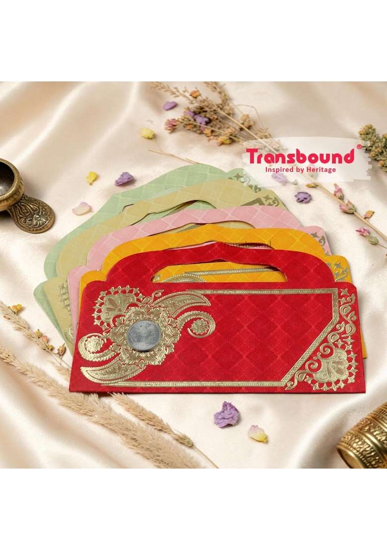 Transbound Multicolor 40 Pcs Premium Purse Shape Shagun Envelopes with Coin for Cash Gifts in Weddings - Indya