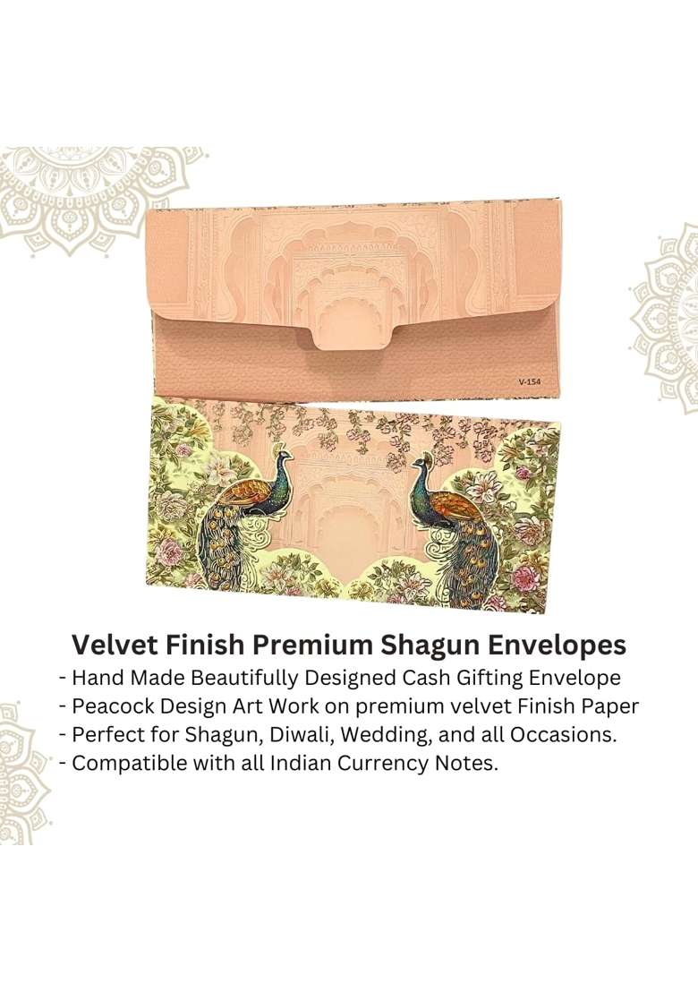 Vanya Creations Floral Peacock Delight Design Shagun Envelopes for Gifting Cash Money Cover Velvet Pack of 20 - Indya