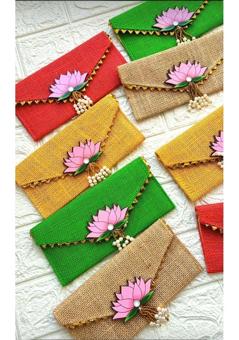 Jute Envelopes for Gifting Money Shagun Wedding Birthday Money Envelope Multicolor Pack of 4 - Indya