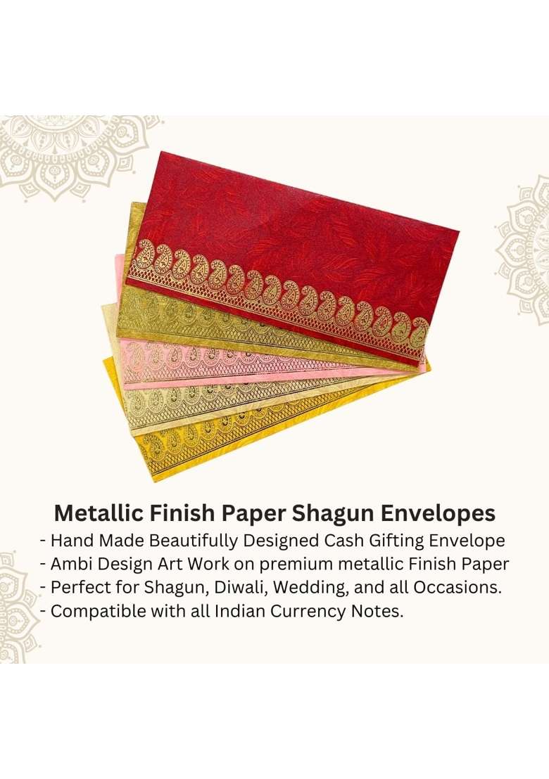 Rectangle Shape Metallic Paper Shagun Envelopes for Gifting Cash Sagan Lifafa Wedding Occasion Money Pack of 100 - Indya