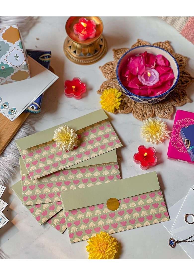 Be Stories Floral Muse Print 190 GSM Rectangle Shape Cash Envelopes Shagun Lifafa for Gifting Money Pack of 5 - Indya