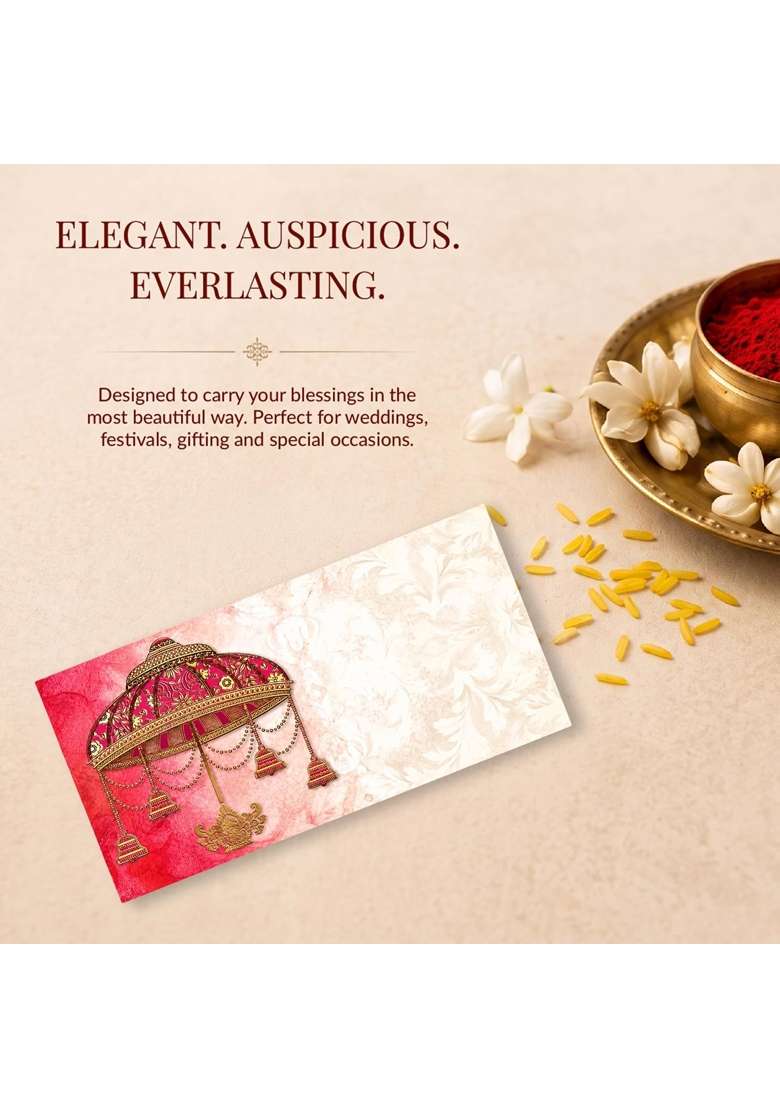 DEV Sanket Red Traditional Wedding Pavilion Printed Shagun Money Envelopes for Cash Pack of 5 - Indya