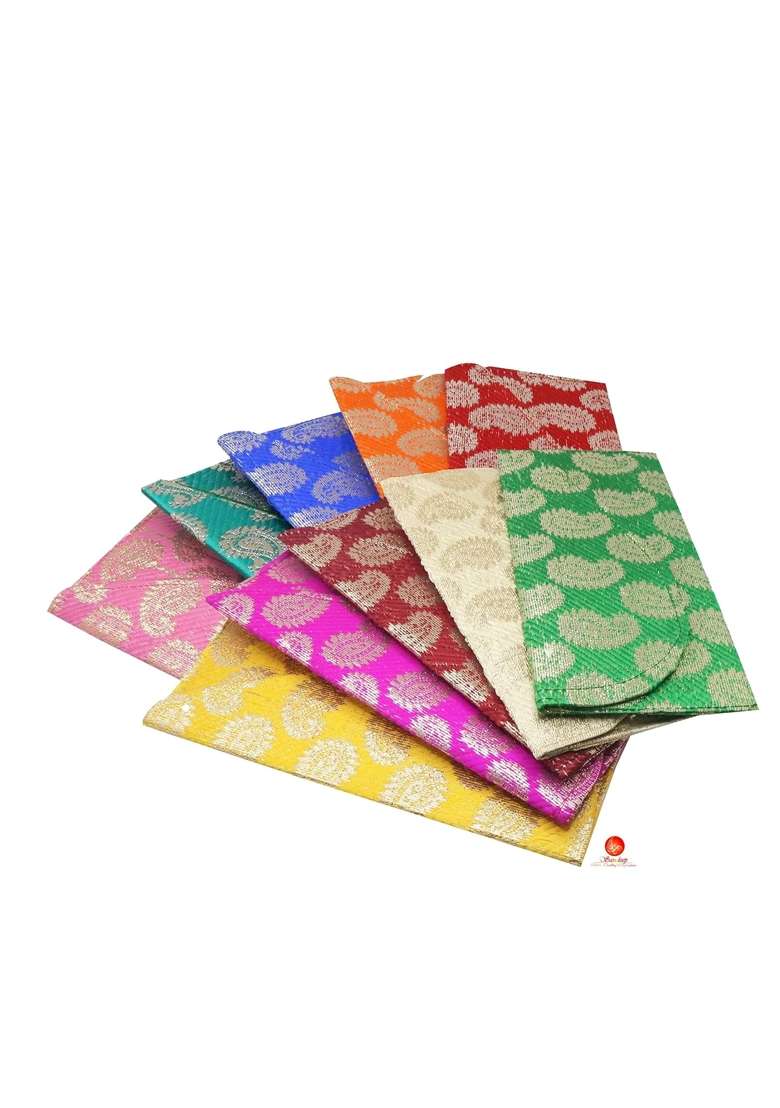 Saudeep India Raw Silk Fabric Brocade Design Money Gift Envelopes for Wedding Marriage Birthday Pack of 15 - Indya