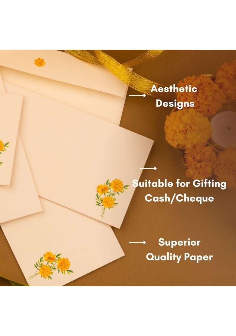 Be Stories Marigold Print 190 GSM Rectangle Shape Cash Envelopes Shagun Lifafa for Gifting Money Pack of 5 - Indya