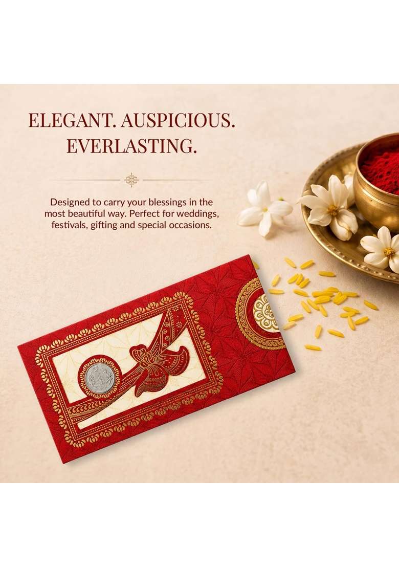 DEV Sanket Red and Gold Floral Vine Medallion Shagun Money Envelopes for Cash Gift Cards Pack of 5 - Indya