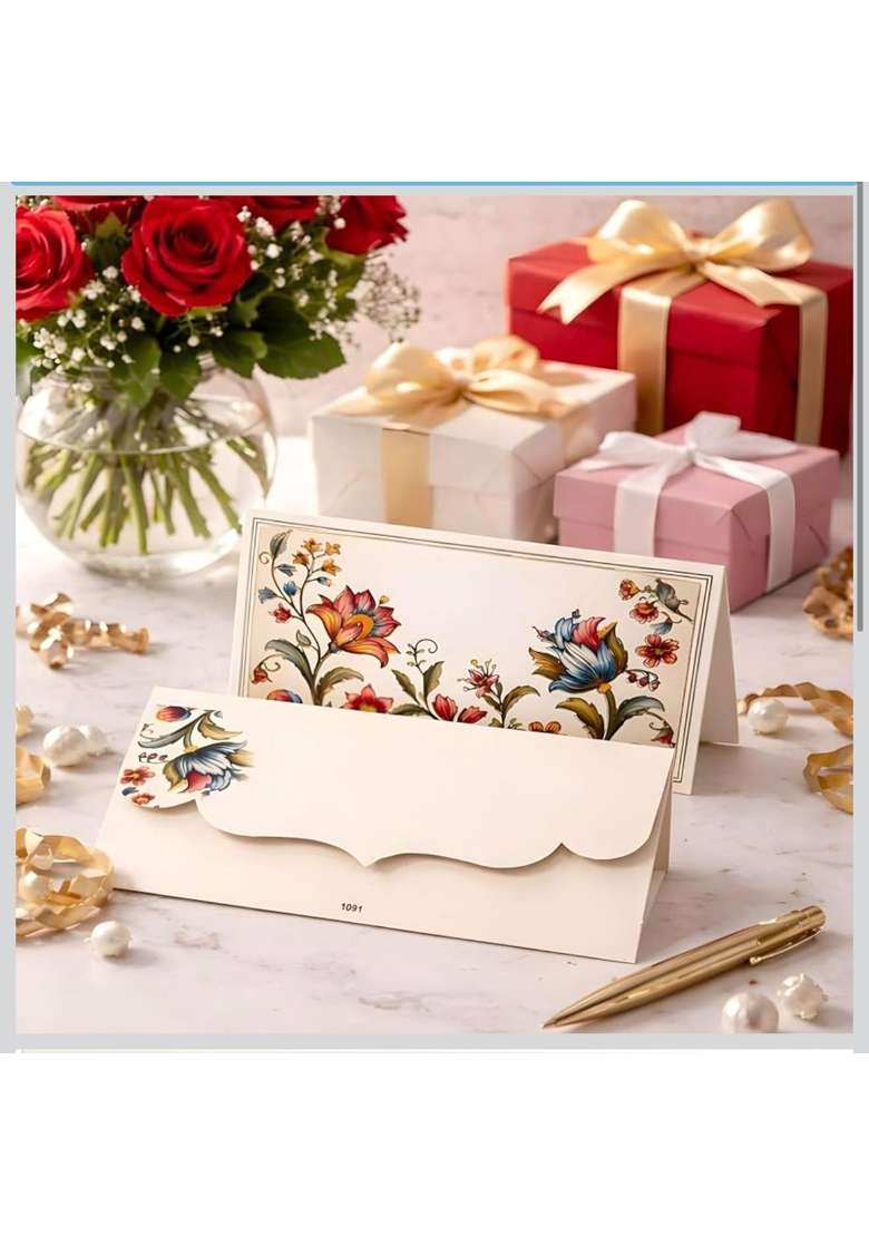 Meharvana Shagun Envelopes 8 and Half X 5 Inch Floral Foil Dull Gold Laminated Money Gift Envelopes Set of 20 - Indya