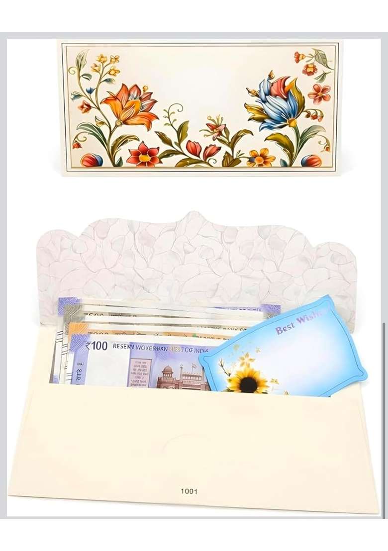 Meharvana Shagun Envelopes 8 and Half X 5 Inch Floral Foil Dull Gold Laminated Money Gift Envelopes Set of 20 - Indya