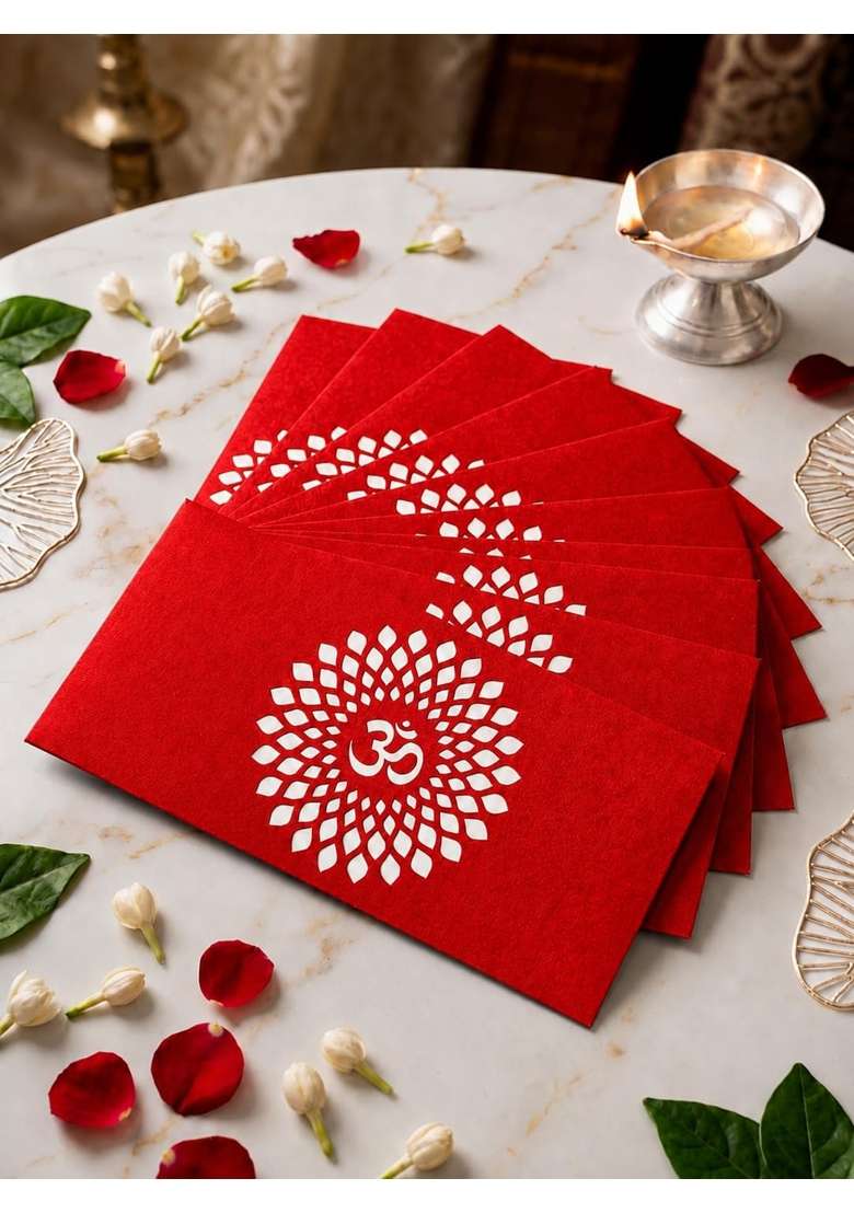 Premium Red Money and Shagun Envelopes with White Laser Cut Om Mandala Design for Wedding Birthday Pack of 40 - Indya