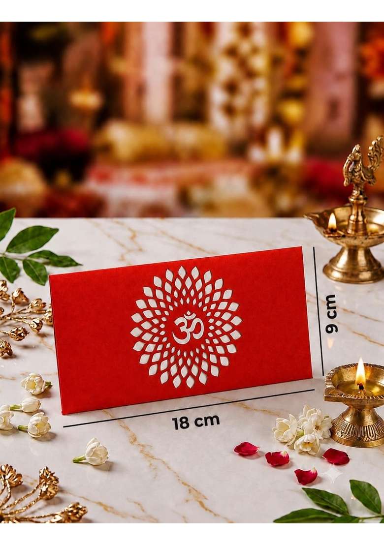 Premium Red Money and Shagun Envelopes with White Laser Cut Om Mandala Design for Wedding Birthday Pack of 40 - Indya