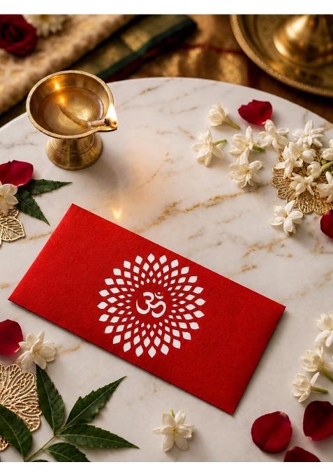 Premium Red Money and Shagun Envelopes with White Laser Cut Om Mandala Design for Wedding Birthday Pack of 40