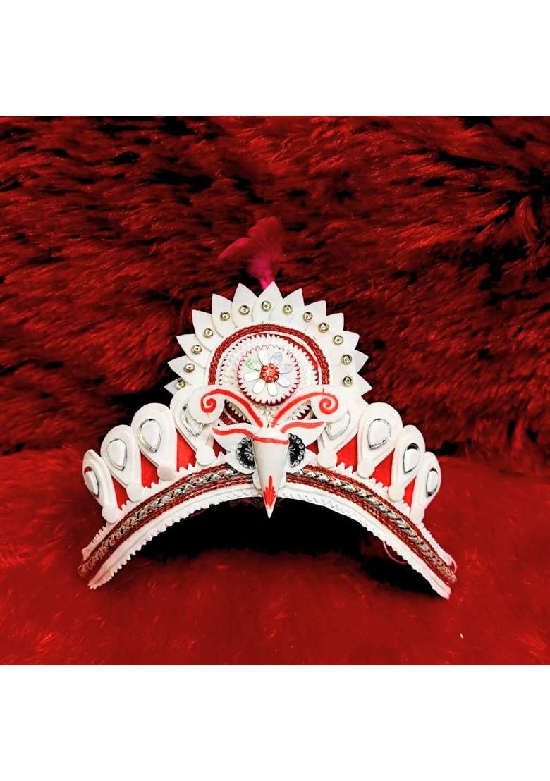 Pujadukaan White Topor Mukut of Groom and Bride Set for Bengali Wedding Classic - Indya