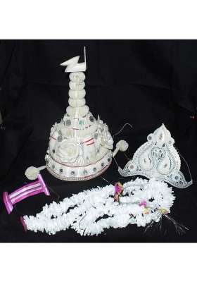 Bengal Handicrafts and Handlooms White Designer Ultra Lite Natural Shola and Mukut with Shola Garland