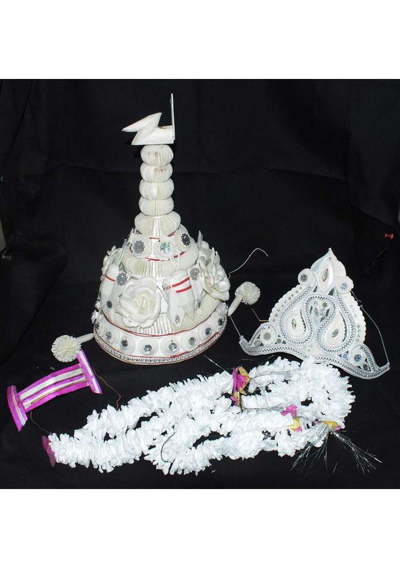 Bengal Handicrafts and Handlooms White Designer Ultra Lite Natural Shola and Mukut with Shola Garland - Indya