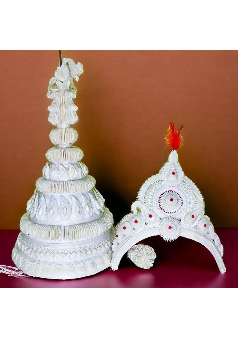 Pujadukaan Topor Mukut Set for Bengali Wedding Premium White NB - Indya