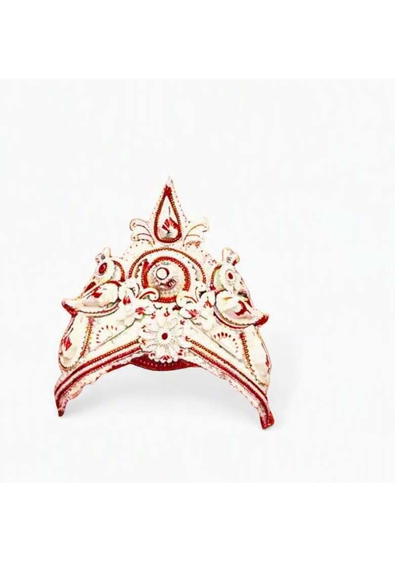 Bengali Wedding Topor and Patashi Set White and Red Detailing Shola Mukut Set - Indya