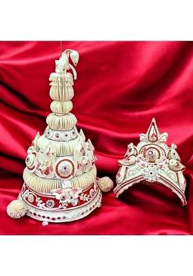 Pujadukaan Designer Topor Mukut Set for Bengali Wedding Velvet Touch Design Ultra Lite Natural Shola Topor