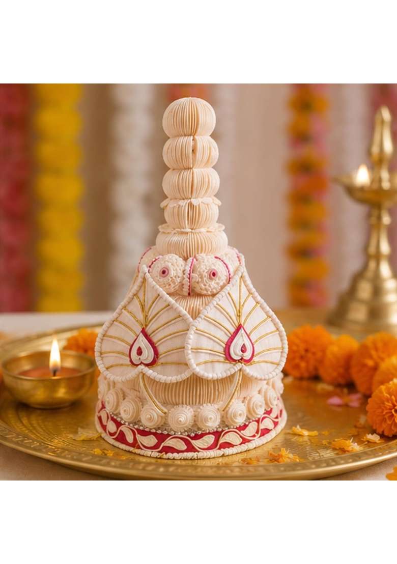 White Elite Bengali Wedding Topor for Groom Traditional Shola Pith Handmade Bridal Topor - Indya