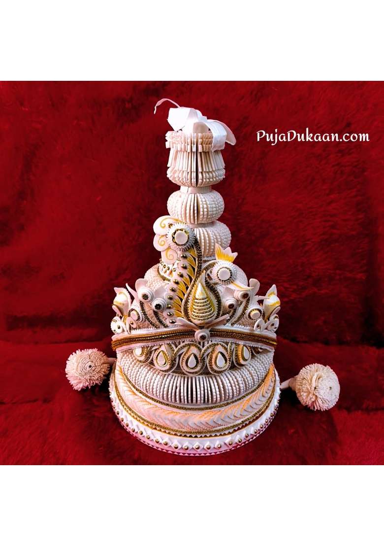 Pujadukaan White Premium Bengali Wedding Topor Mukut Set for Bride and Groom - Indya