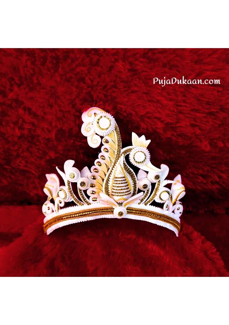 Pujadukaan White Premium Bengali Wedding Topor Mukut Set for Bride and Groom - Indya