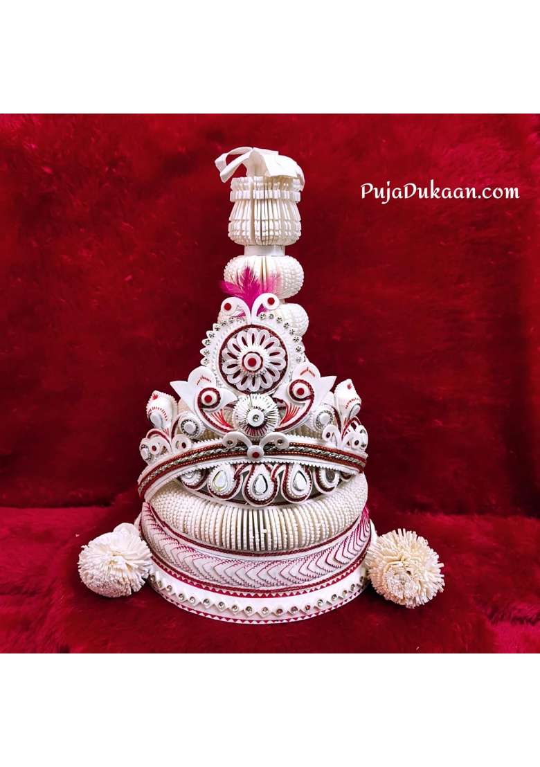 Pujadukaan White Premium Bengali Wedding Topor Mukut Set for Bride and Groom - Indya
