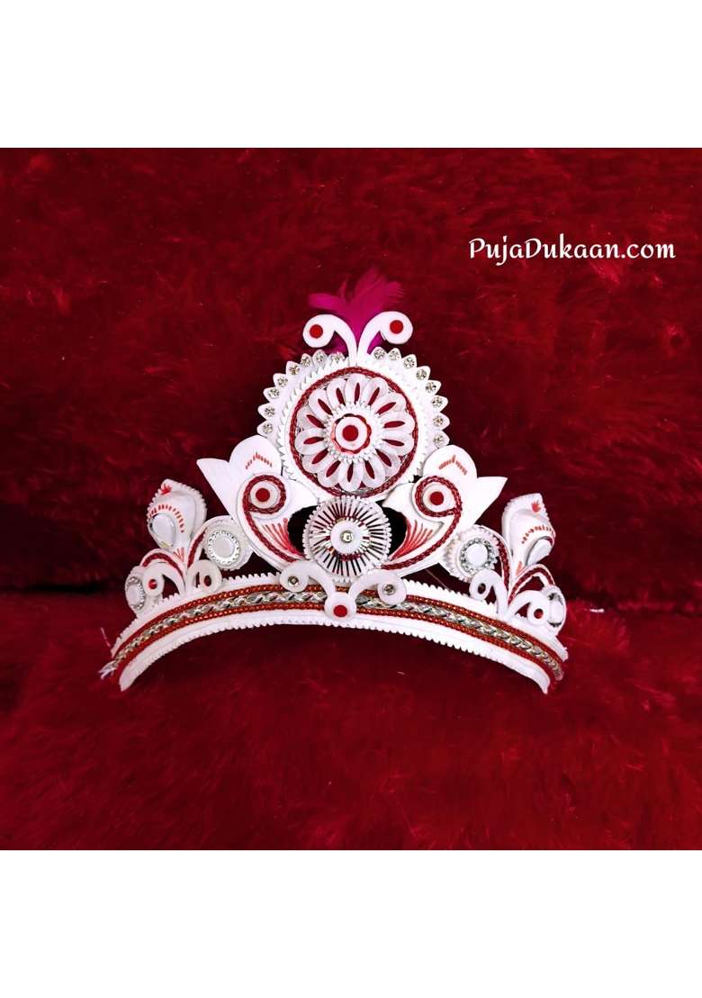 Pujadukaan White Premium Bengali Wedding Topor Mukut Set for Bride and Groom - Indya