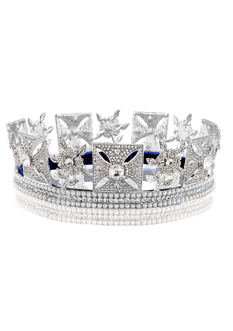 Yovecathou Silver Retro Rhinestone Pearl King Queen Crown Full Circle Crown Wedding Headdress for Brithday - Indya