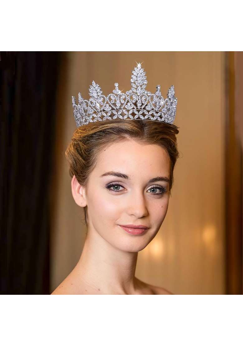 Jorsnovs Silver 5A Level Cubic Zirconia Bridal Tall Tiaras CZ Wedding Queen Crown Headpieces Pageant Party - Indya