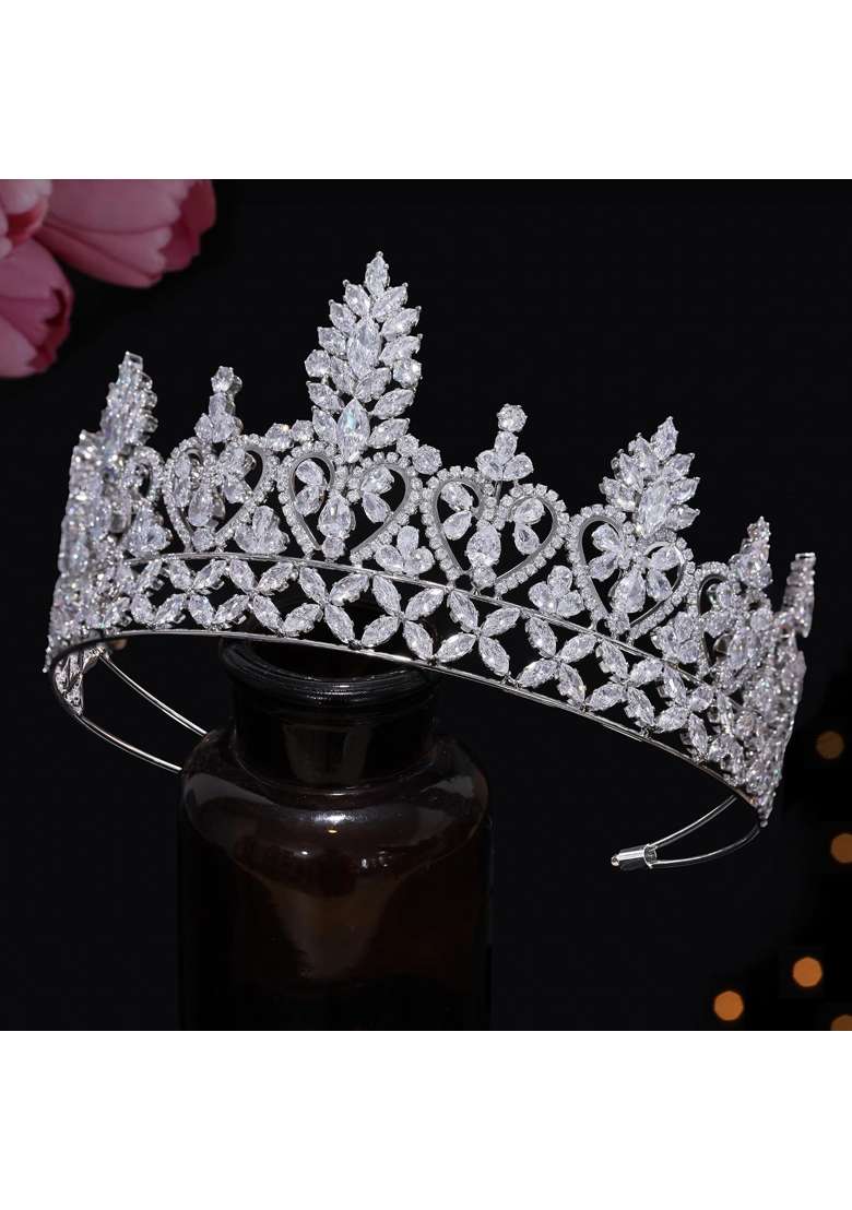 Jorsnovs Silver 5A Level Cubic Zirconia Bridal Tall Tiaras CZ Wedding Queen Crown Headpieces Pageant Party - Indya