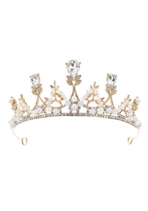 Yovecathou Girls Tiara Butterfly Princess Crown Gold Pearl Headband Rhinestone Hairpiece for Wedding Bridal