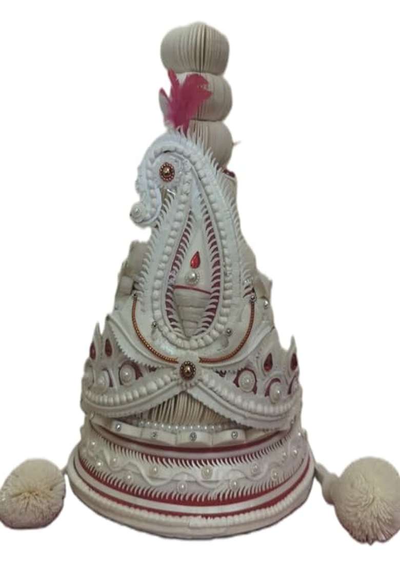 White Premium Bengali Wedding Topor for Groom Traditional Sholapith Handmade - Indya