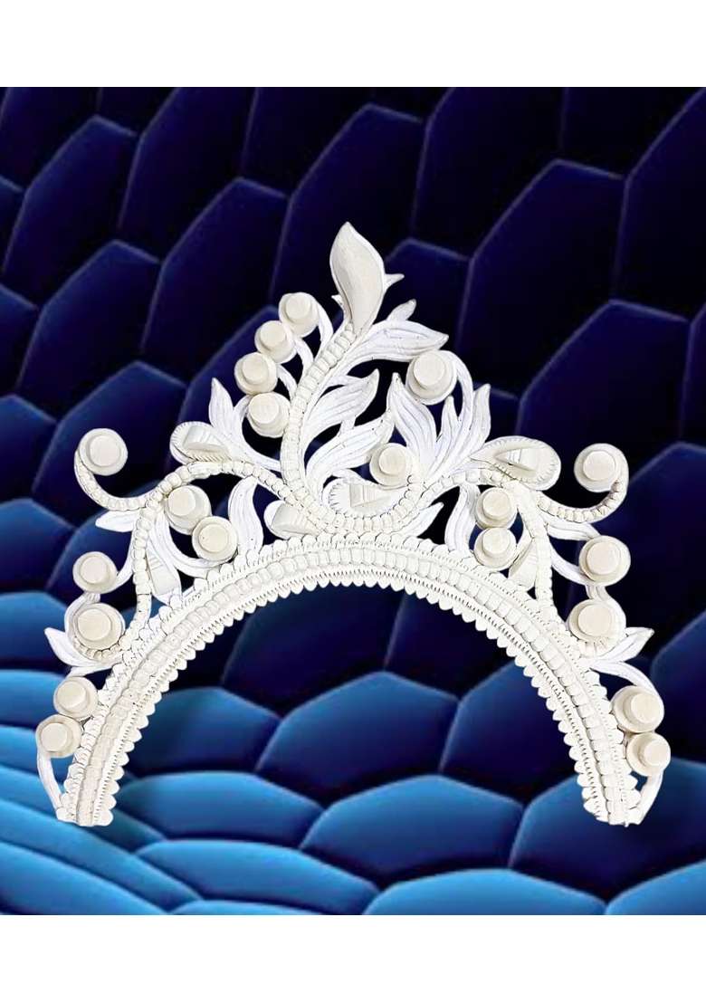 Bengcraft Women Bengali Style Bridal Crown Biyer Mukut White Shola Hair Accessories for Marriage and Weddings - Indya