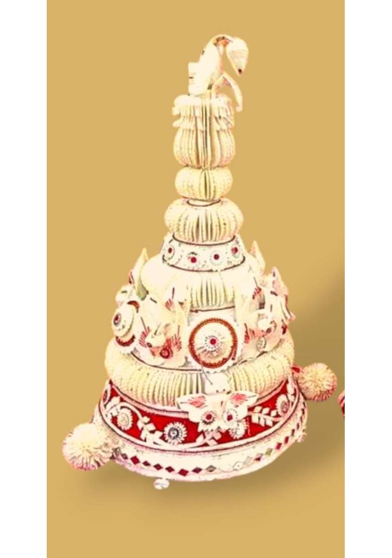 Bells and Glitters Topor Mukut for Bengali Wedding Red and White Design - Indya