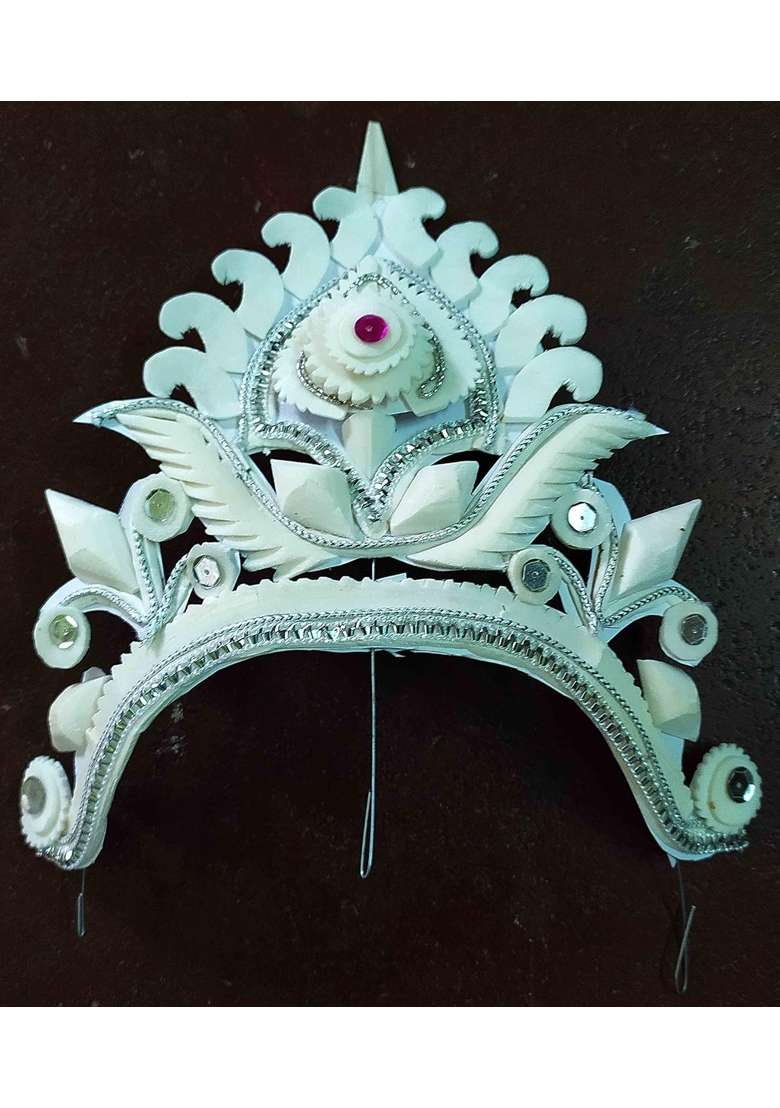 Bengal Handicrafts and Handlooms White Designer Ultra Lite Natural Shola and Mukut with Shola Garland - Indya
