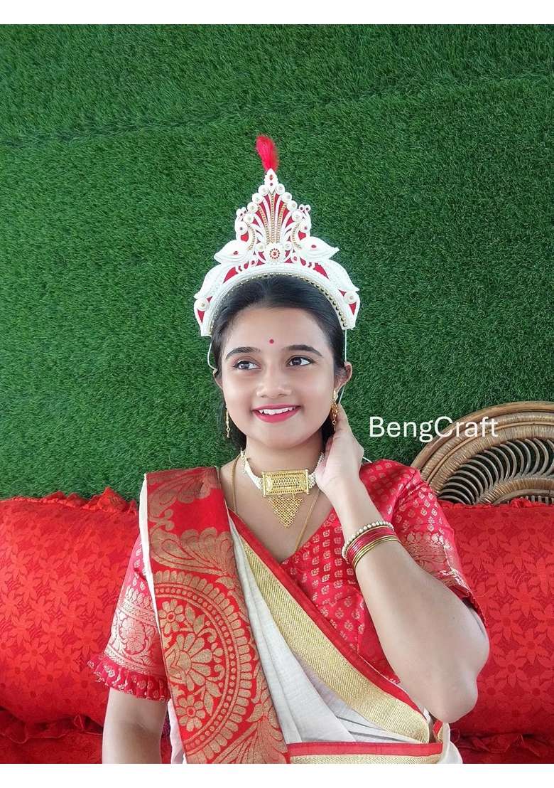 Bengcraft Womens Bengali Bridal Biyer Mukut for Bride Dulhans Exclusive White and Red Shola Crown Hair - Indya