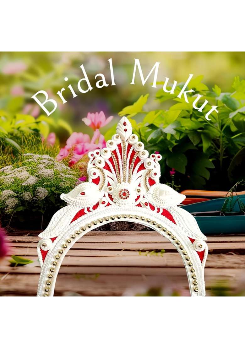Bengcraft Womens Bengali Bridal Biyer Mukut for Bride Dulhans Exclusive White and Red Shola Crown Hair - Indya