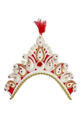 Bengcraft Womens Bengali Bridal Crown Traditional White Red Golden Shola Mukut Hair Accessories for Hindu
