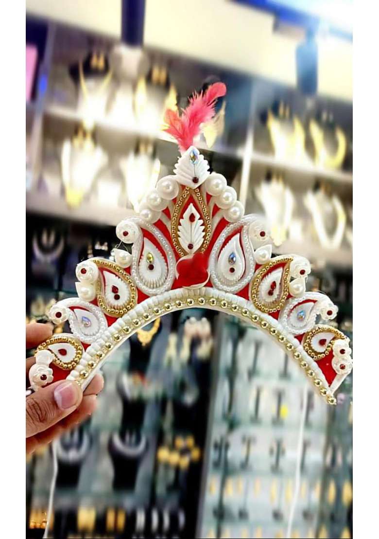 Bengcraft Womens Bengali Bridal Crown Traditional White Red Golden Shola Mukut Hair Accessories for Hindu - Indya